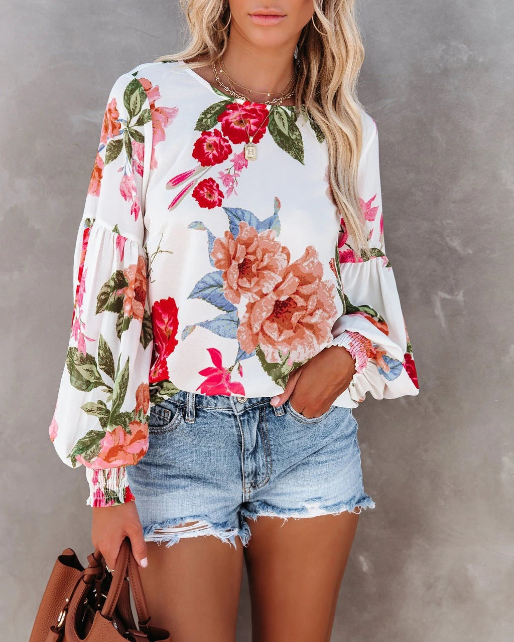 Damen Bluse mit voluminösen Ärmeln und floralem Design Stalluxe