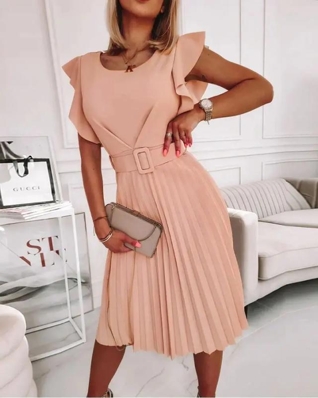 Damen Plisseekleid mit schickem Taillengürtel und Rüschendetails Stalluxe