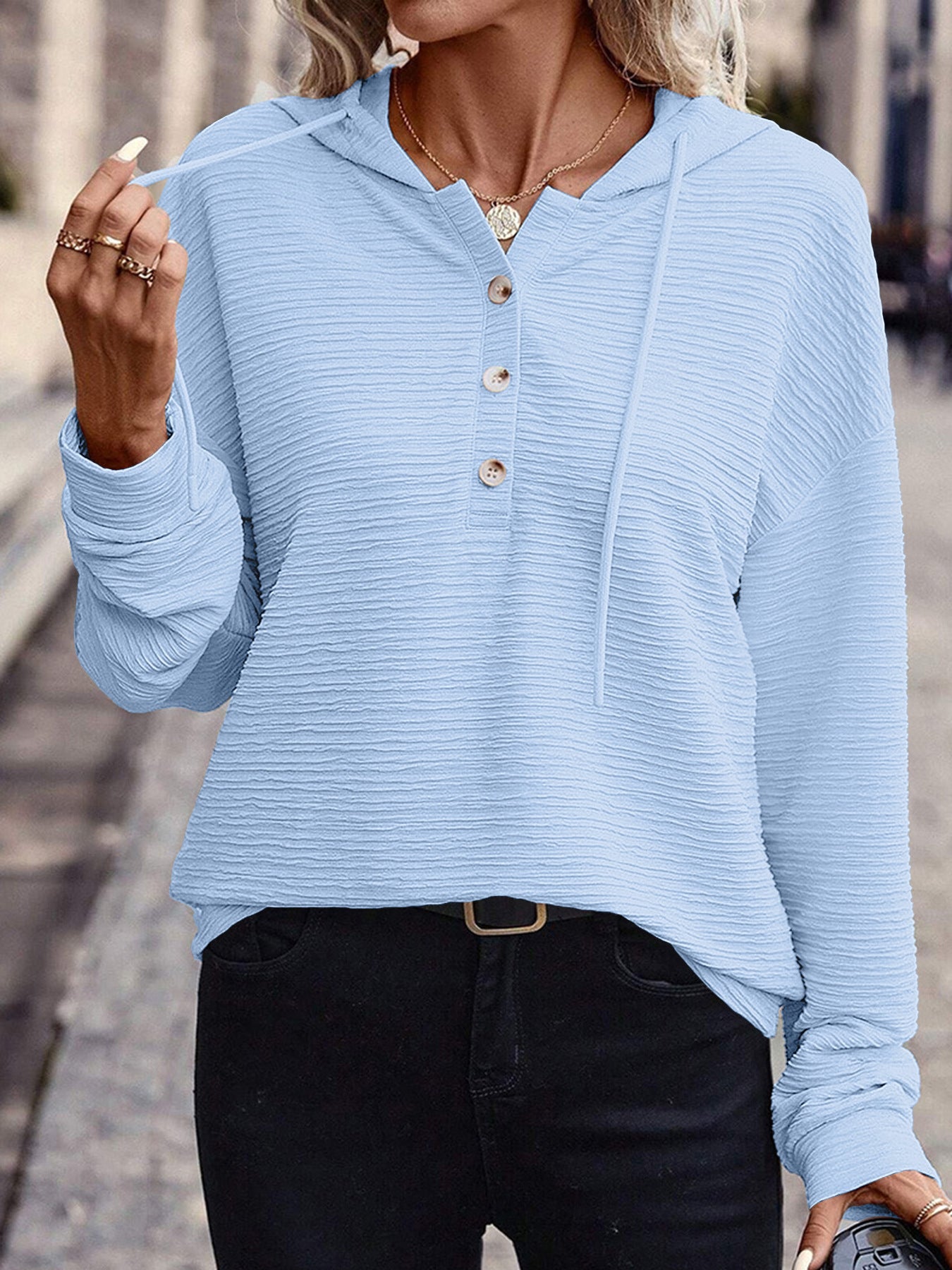 Damen lässiger Kapuzenpullover mit strukturierter Oberfläche und Knopfverschluss Stalluxe
