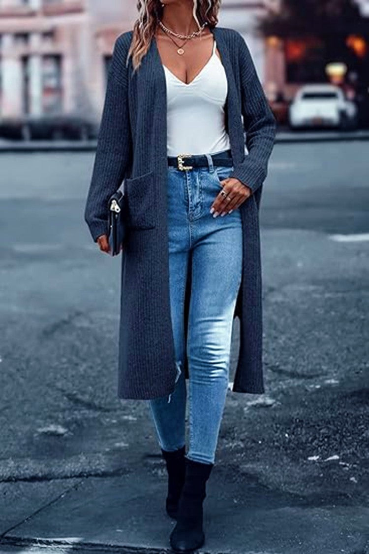 Damen Langer Strickcardigan mit tiefen Taschen und offenem Schnitt Stalluxe
