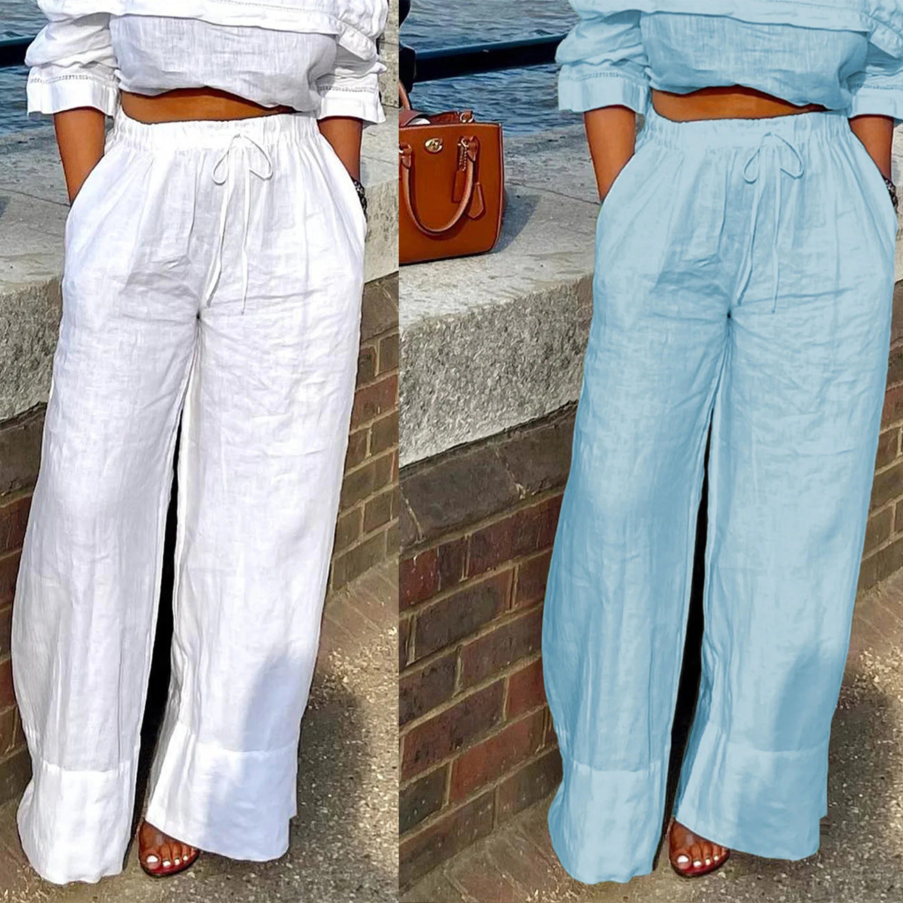 Damen Weite Leinenhose mit elastischem Bund und praktischen Eingrifftaschen Stalluxe