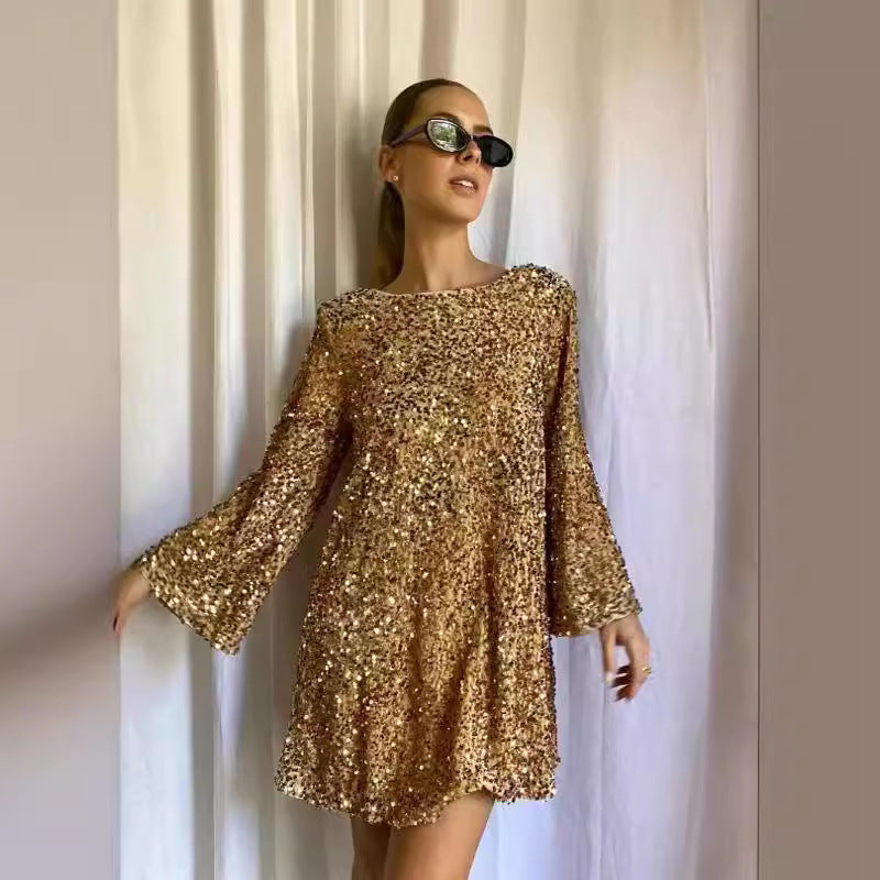 Damen Glitzerndes Party-Kleid mit weitem Schnitt und voluminösen Ärmeln Stalluxe