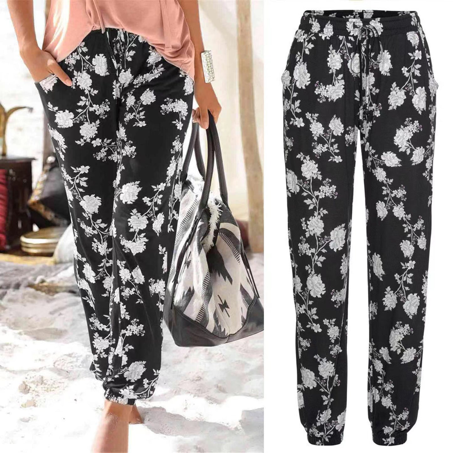 Damen Elegante Blumendruck-Hose mit Elastischem Bund und Seitentaschen Stalluxe