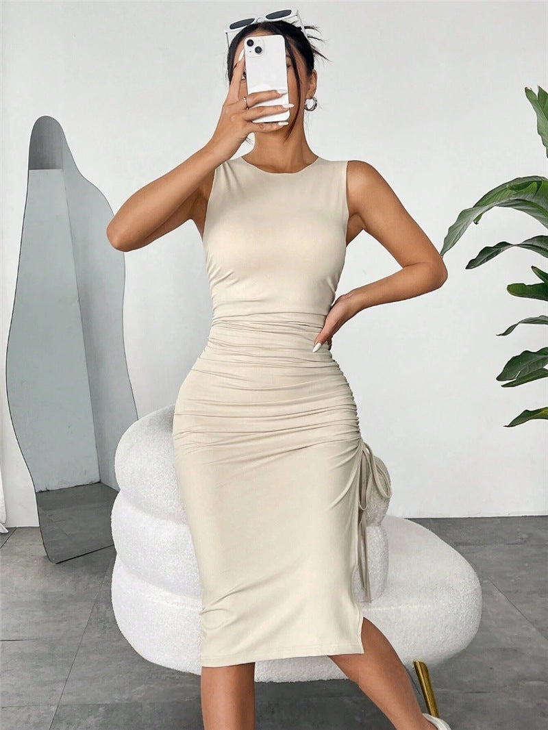 Damen körperbetontes Midi-Kleid mit dekorativem Raffungseffekt und seitlichen Schnürungen Stalluxe