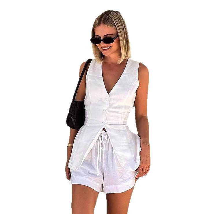 Damen schicker Anzug mit ärmellosem Blazer und bequemen Shorts Stalluxe
