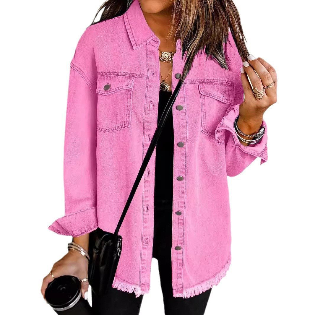 Damen lässige Jeansjacke mit fransigen Säumen und aufgesetzten Taschen Stalluxe
