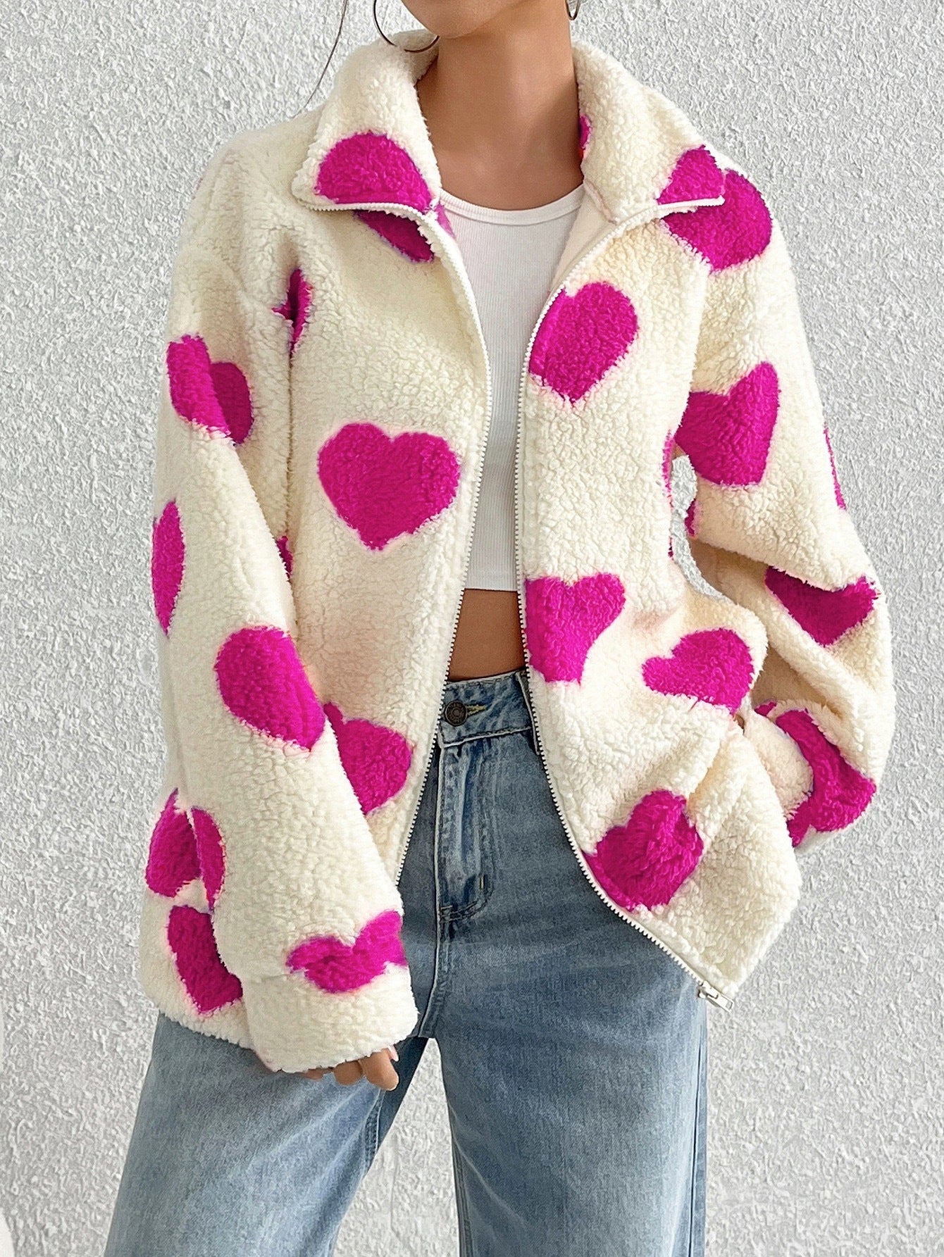 Damen kuschelige Fleecejacke mit herzförmigem Muster und hohem Kragen Stalluxe