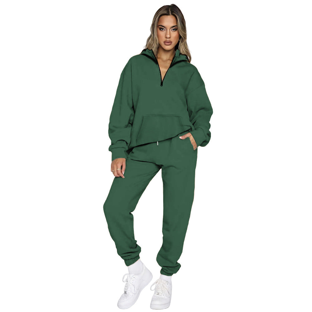 Damen gemütlicher Two-Piece Sweatsuit mit halbem Reißverschluss und praktischen Taschen Stalluxe