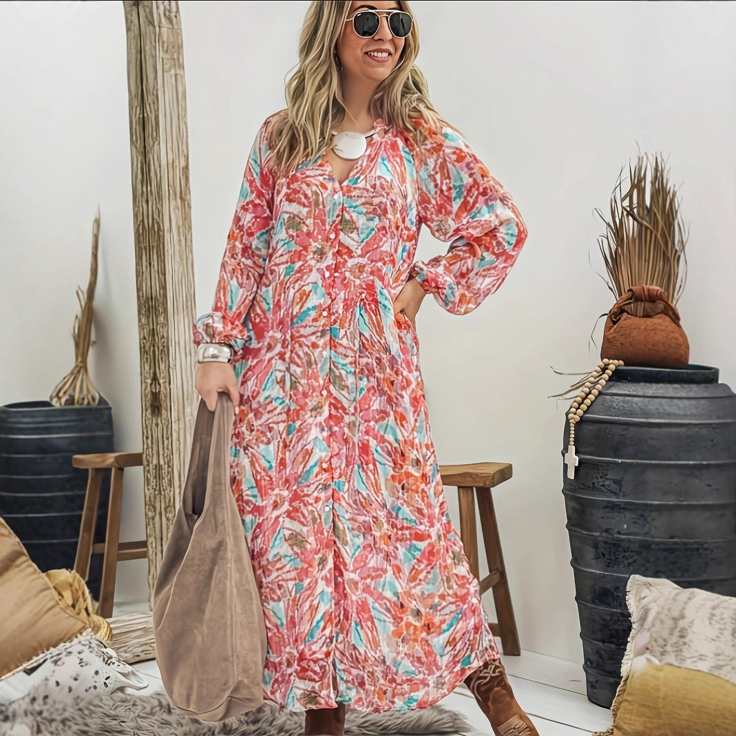 Damen Maxikleid mit buntem Floralprint und leichtem V-Ausschnitt Stalluxe