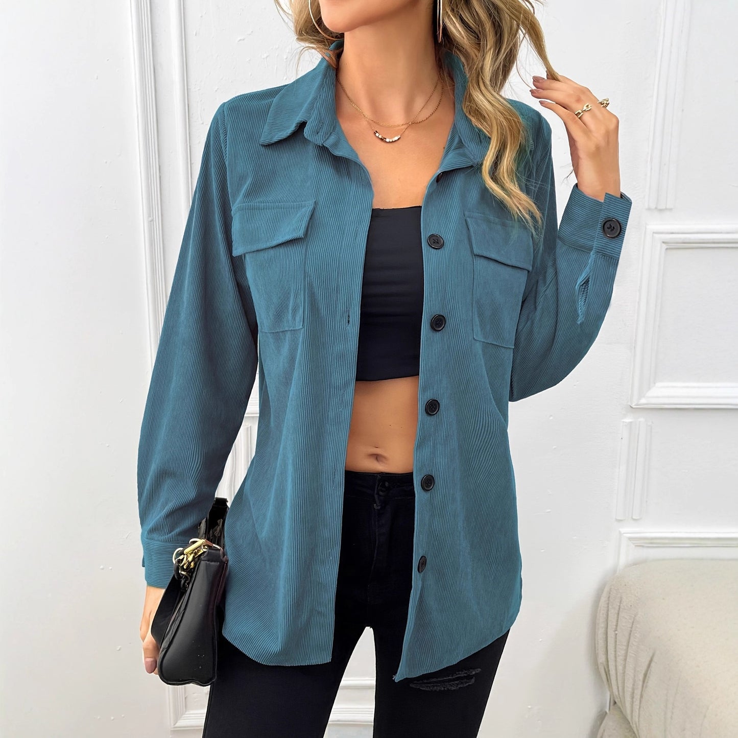 Damen lässige Cordjacke mit praktischen Taschen und Knopfverschluss Stalluxe