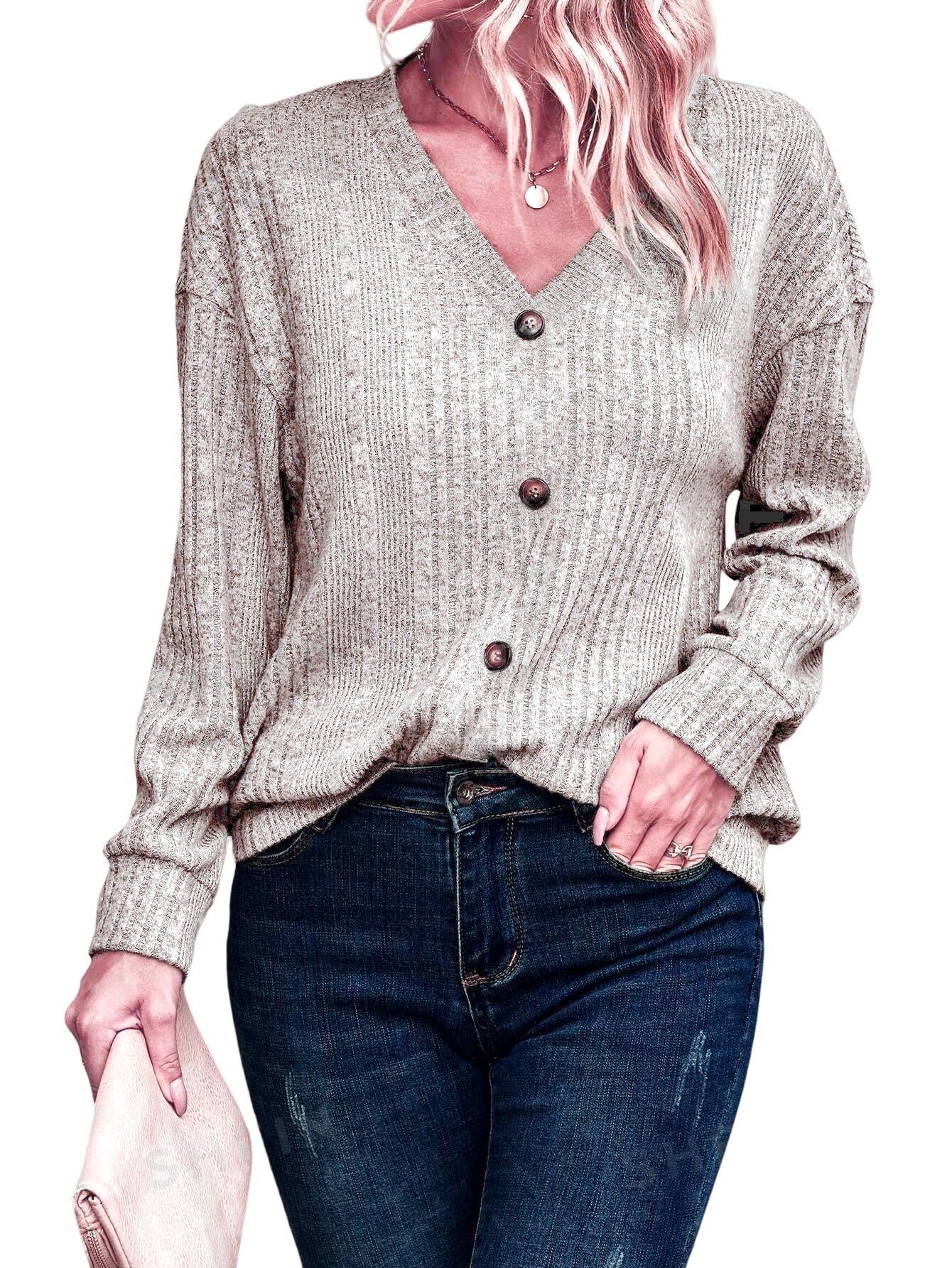 Damen V-Ausschnitt Strickoberteil mit Knopfdetails und lässigem Schnitt Stalluxe
