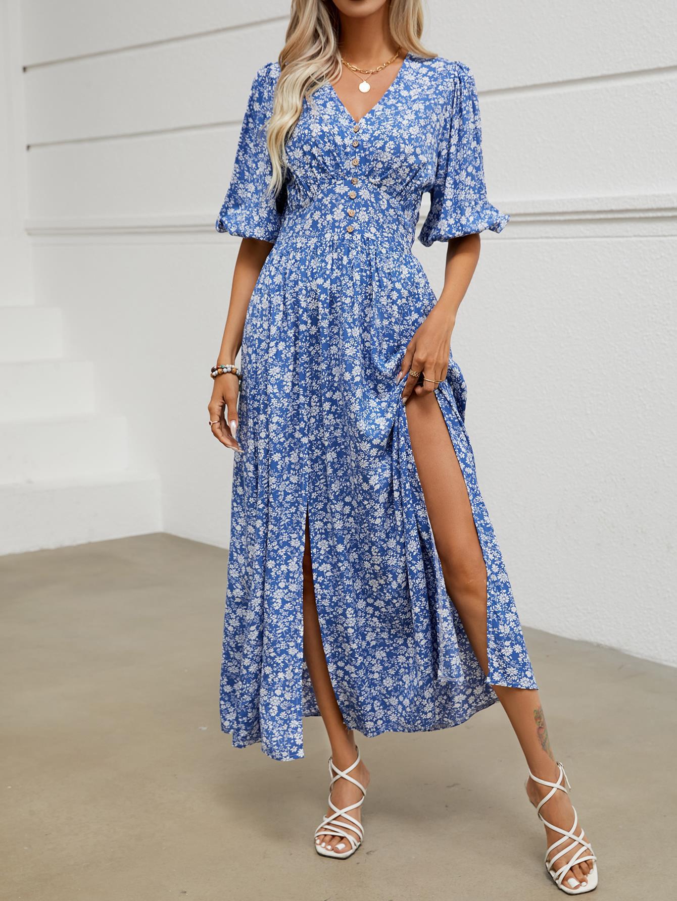 Damen Maxikleid mit floralem Design und knöpfigem Ausschnitt Stalluxe