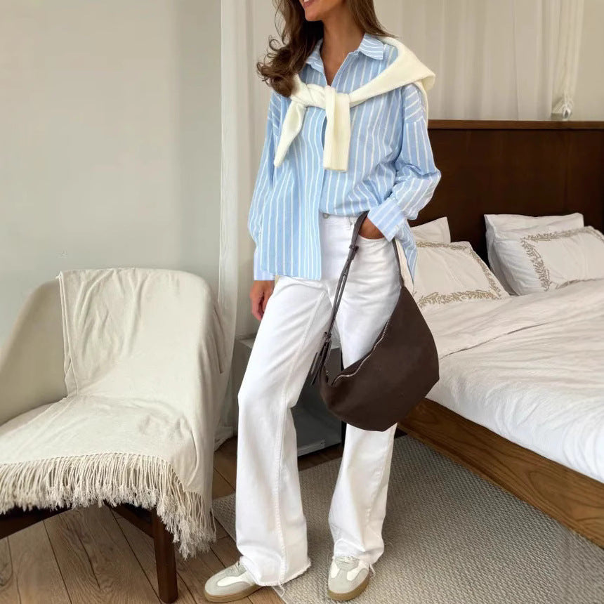 Women's Lightweight Striped Button-Up Shirt Stalluxe