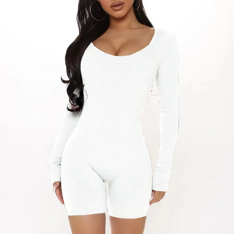Damen Figurbetonter Jumpsuit mit langen Ärmeln und V-Ausschnitt Stalluxe
