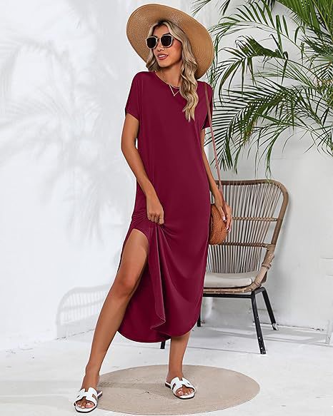 Damen Lässiges Maxikleid mit seitlichem Schlitz und feinem Rundhalsausschnitt Stalluxe