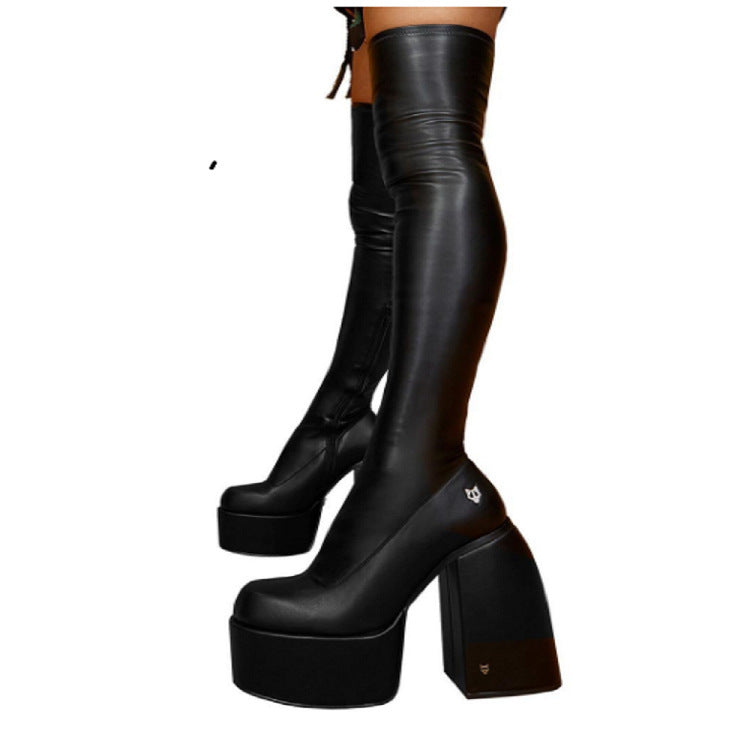 Damen Überknee-Stiefel mit klobigem Blockabsatz und elastischem Obermaterial Stalluxe