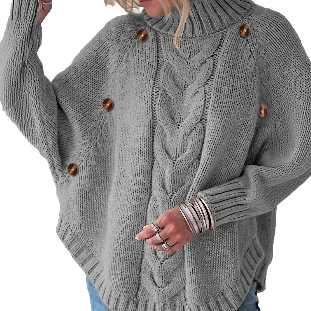 Damen Lockere Strickpullover mit hohem Kragen und dekorativen Knöpfen Stalluxe