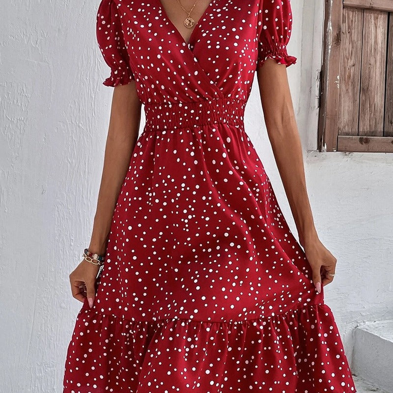 Damen Midi-Kleid mit Puffärmeln und V-Ausschnitt Stalluxe