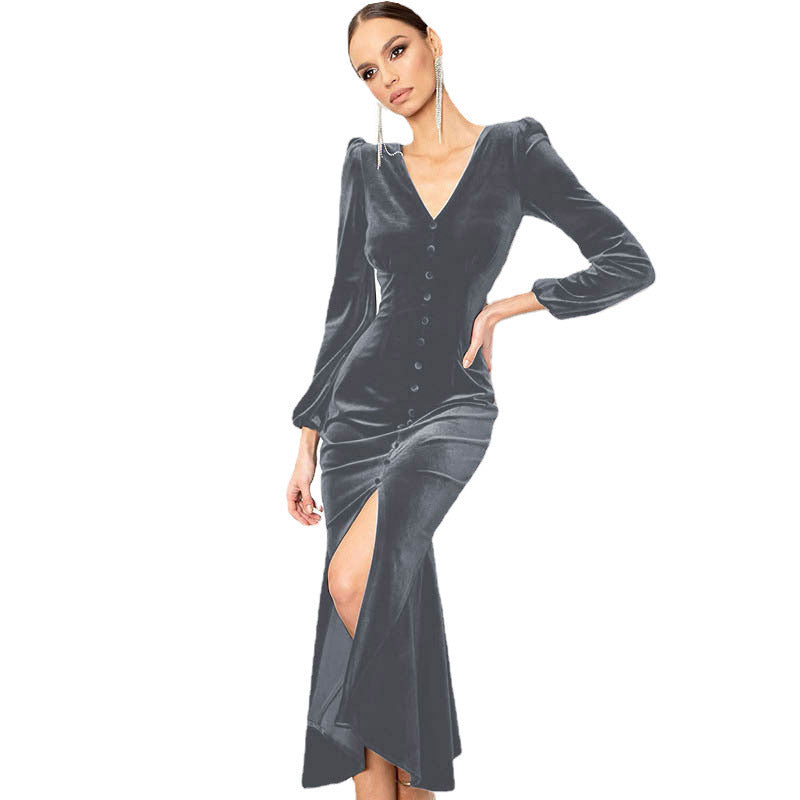 Damen Elegantes Maxikleid mit tiefem V-Ausschnitt und Knopfdetail Stalluxe