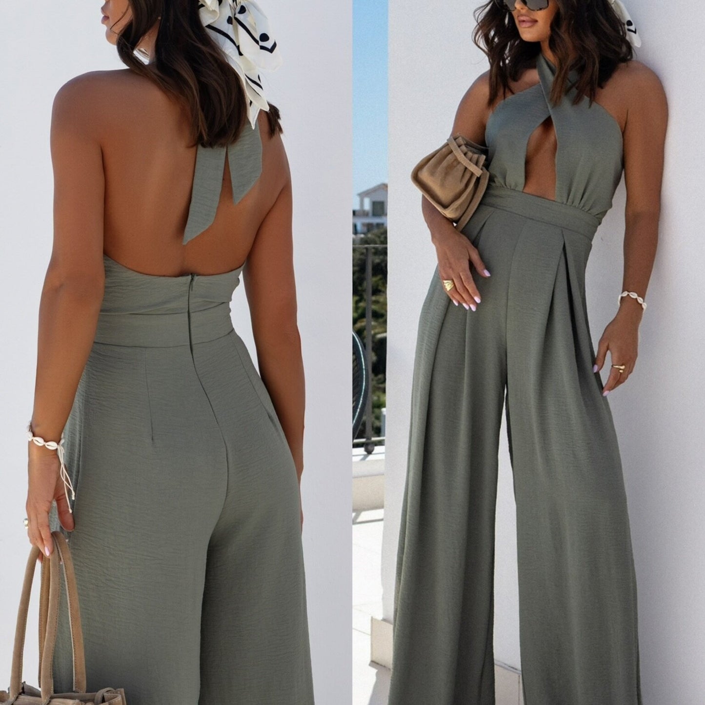 Damen Elegant geschnittener Jumpsuit mit schulterfreiem Design und weiten Beinen Stalluxe