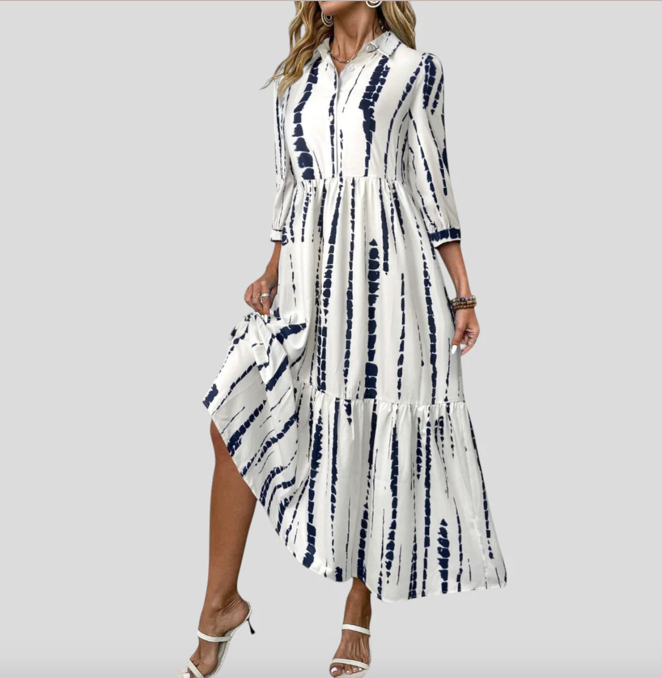 Damen Langarm Maxikleid mit modernen Streifenmuster und Taschen Stalluxe