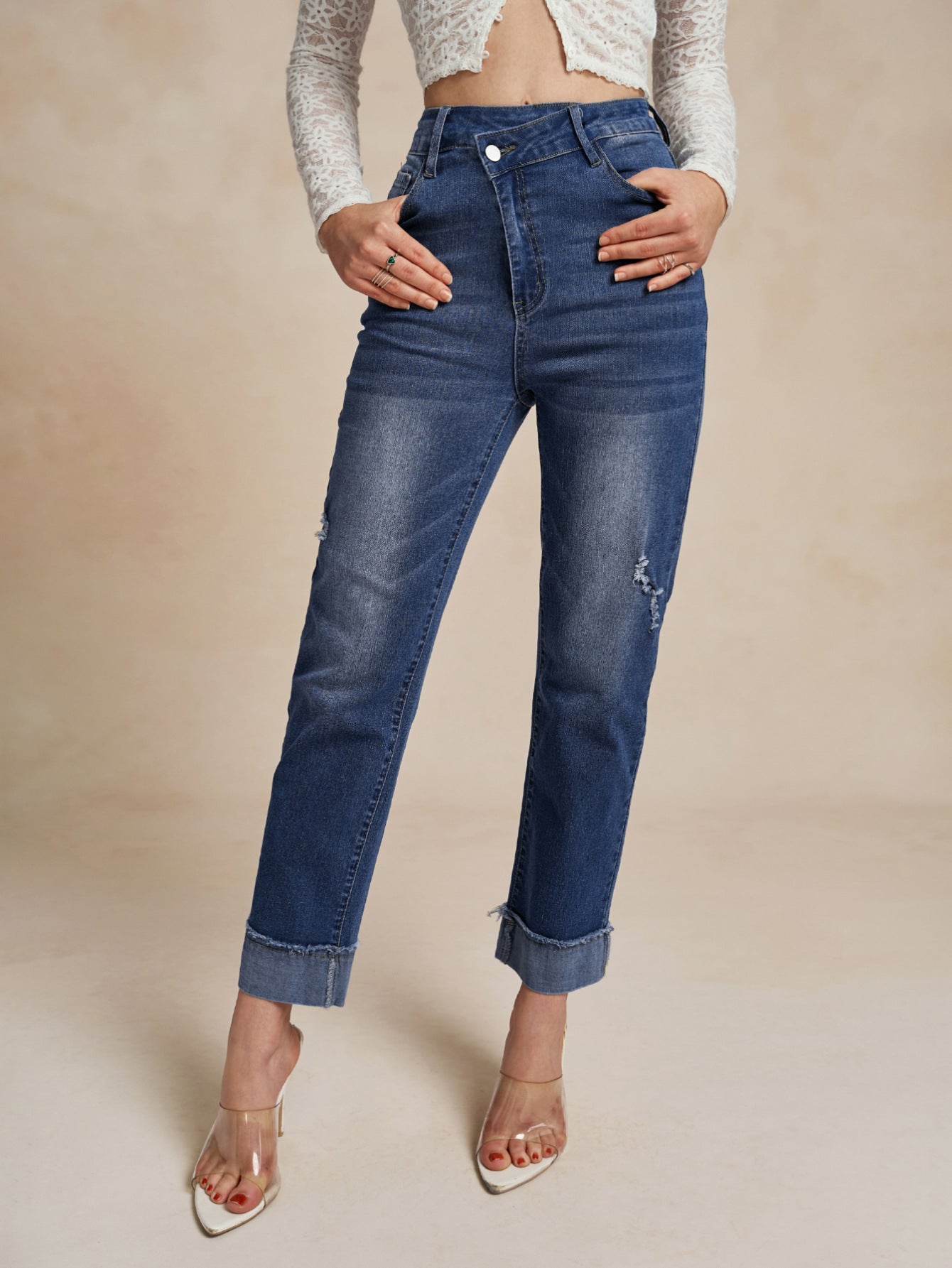 Damen elegante High-Waist Jeans mit modischem Used-Look Stalluxe