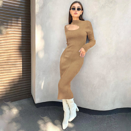 Damen Rippstrick-Midikleid mit Ausschnitt und langem Ärmel Stalluxe