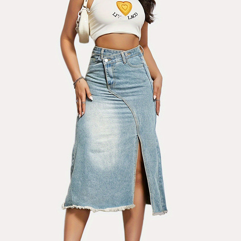 Damen Midirock mit seitlichem Schlitz und fransigem Saum Stalluxe
