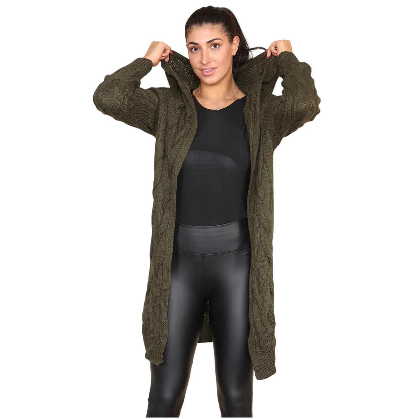 Damen Langer Strickmantel mit elegantem Zopfmuster und Kapuze Stalluxe