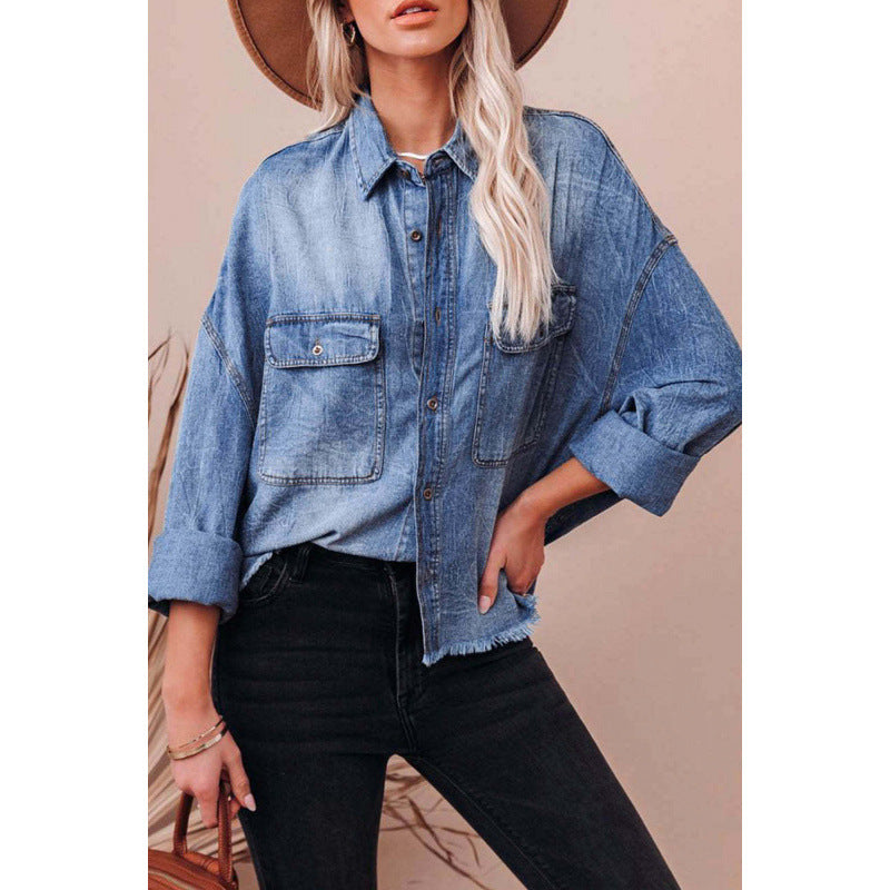 Damen Lässige Denimbluse mit Fransen und aufgesetzten Taschen Stalluxe