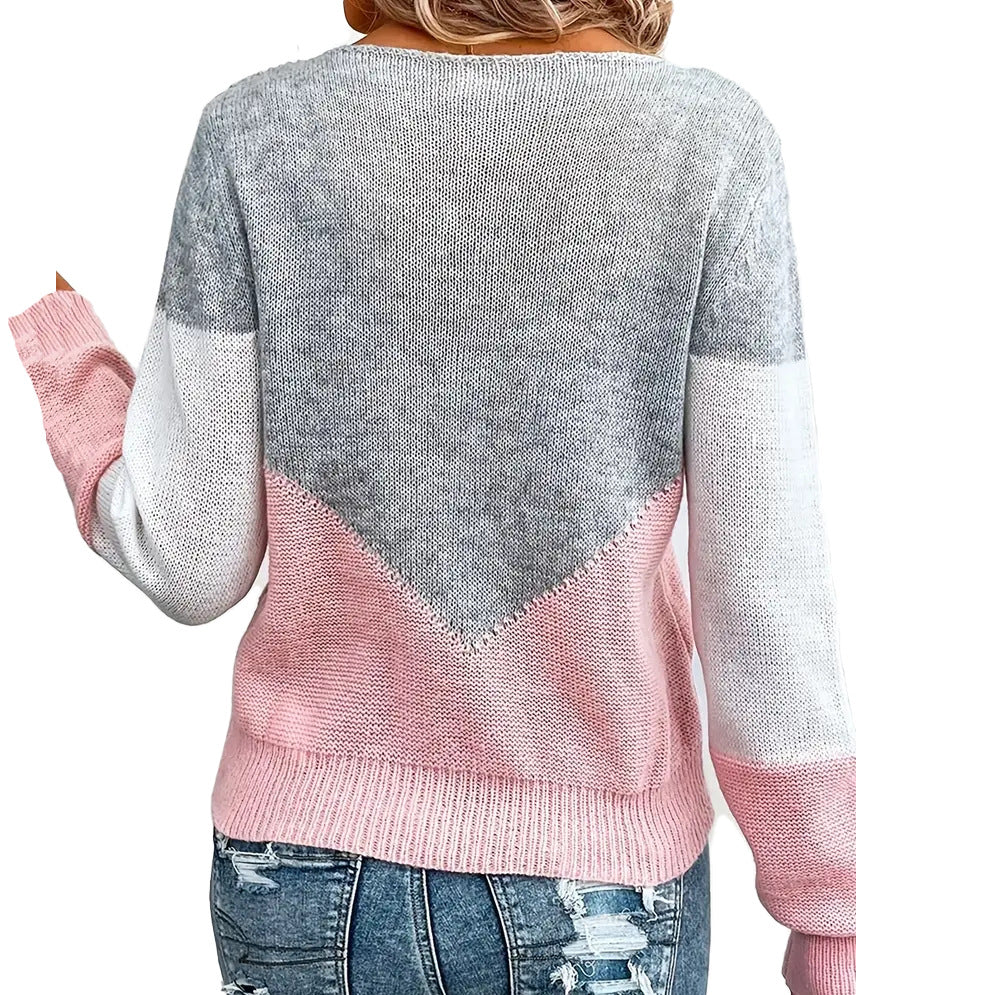 Damen moderner Strickpullover mit kontrastierenden Farbblöcken und V-Ausschnitt Stalluxe