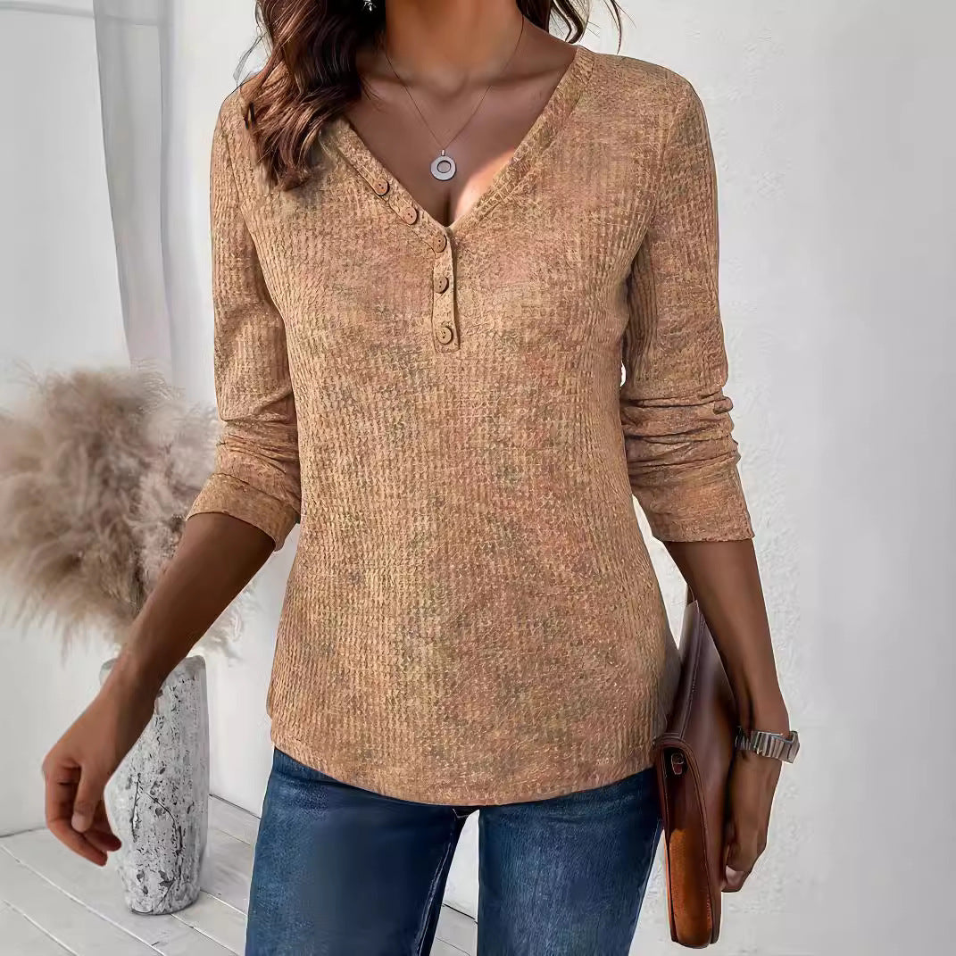 Damen Langarmshirt mit strukturiertem Halsausschnitt und Knopfdetails Stalluxe