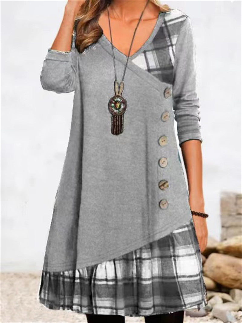 Damen asymmetrisches Freizeitkleid mit kariertem Saum und Knopfdetail Stalluxe