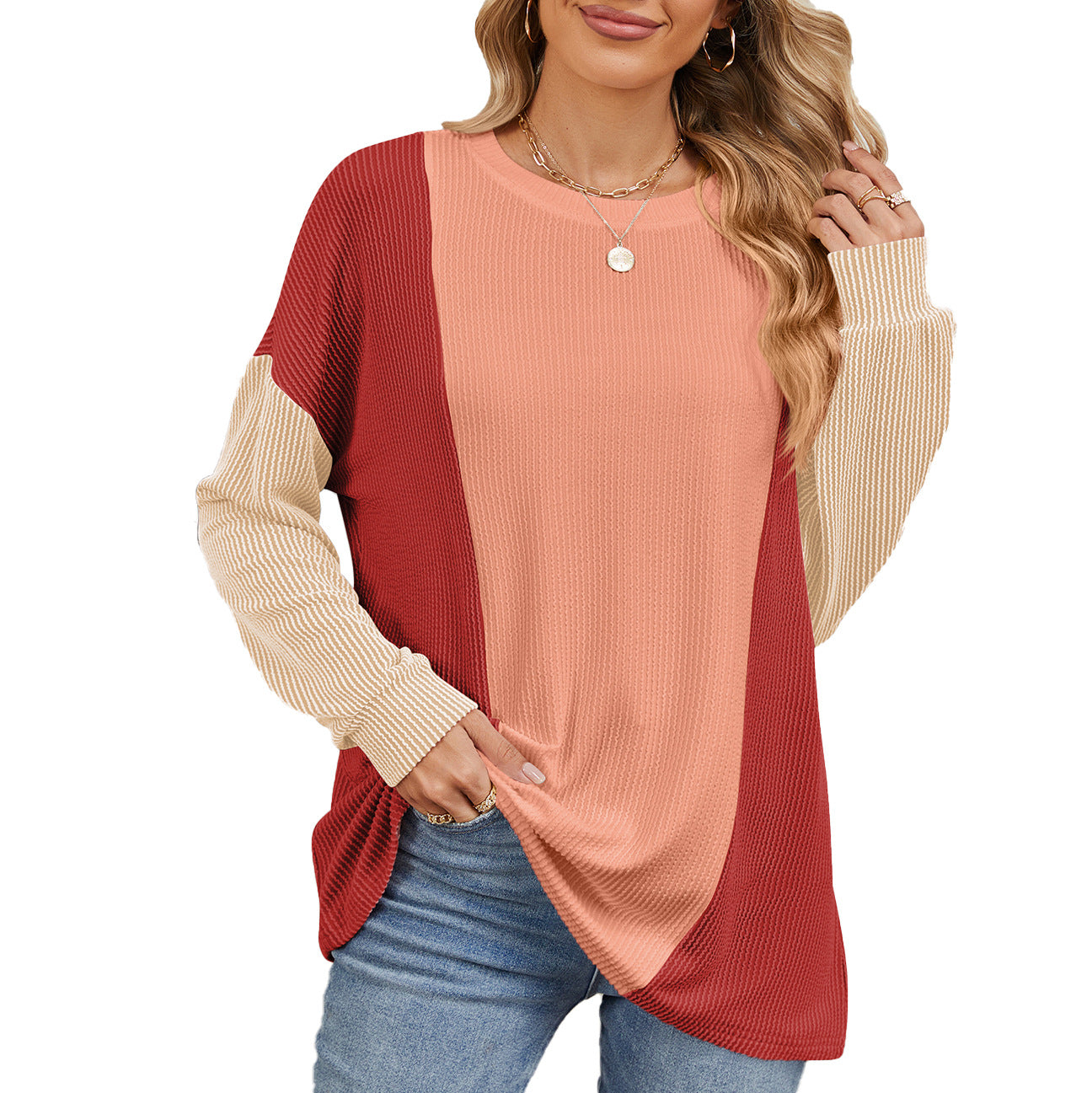 Damen oversized Pullover mit strukturiertem Rippdesign und modernen Farbblockakzenten Stalluxe