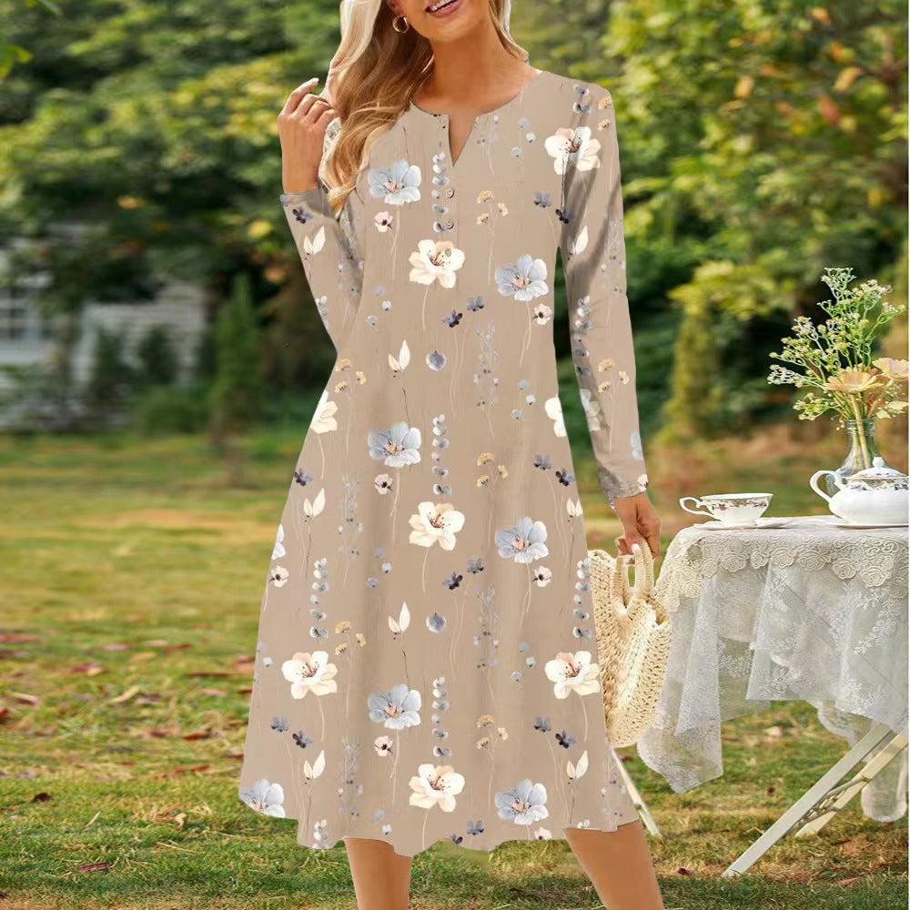 Damen Langarm Kleid mit floralem Design und durchgehender Knopfleiste Stalluxe