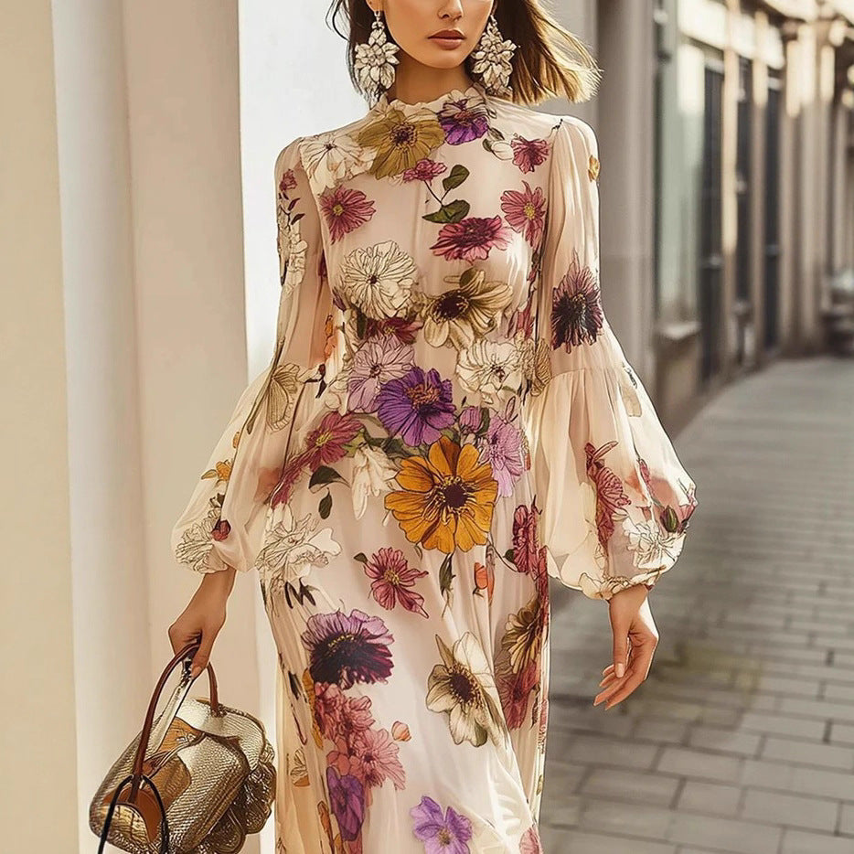 Damen Maxikleid mit voluminösen Ärmeln und floralem Druck Stalluxe
