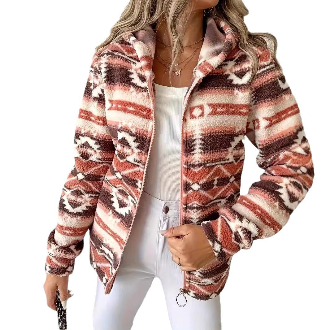 Damen kuschelige Fleecejacke mit modernem Aztekenmuster Stalluxe
