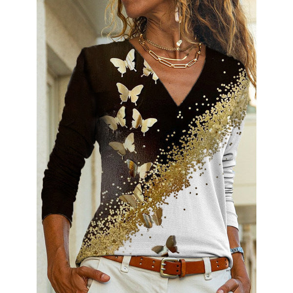 Women's V-Neck Floral Print Long Sleeve Top Stalluxe