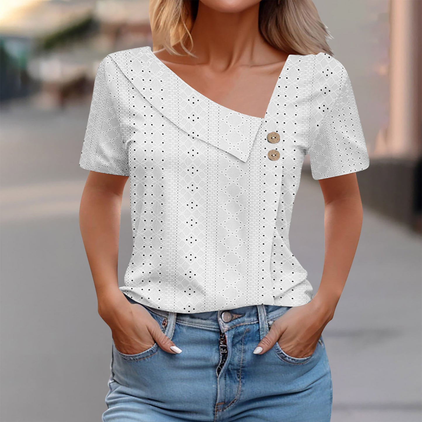 Women's Eyelet Patterned Button-Up Top Stalluxe