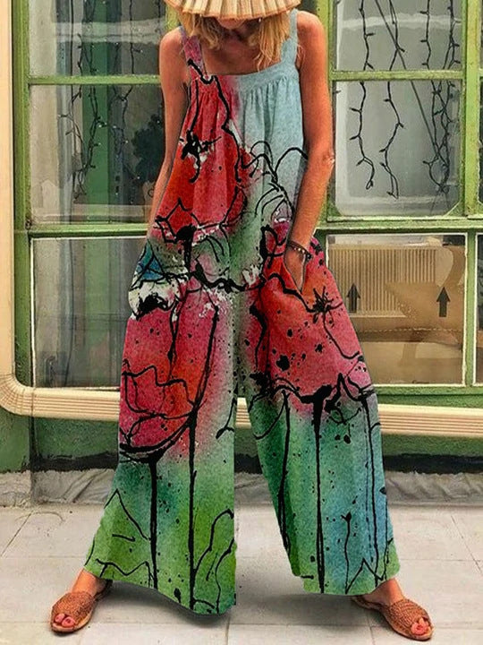 Women's Artistic Print Wide-Leg Jumpsuit Stalluxe