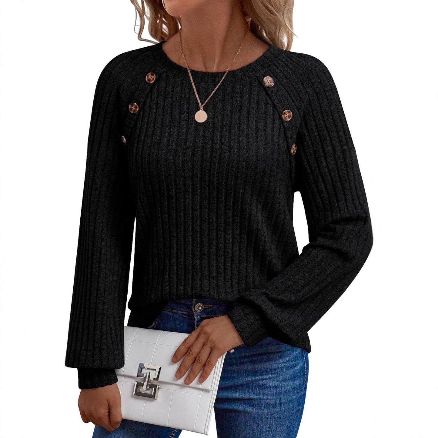 Damen Strickpullover mit dekorativen Knöpfen und feiner Rippstruktur Stalluxe