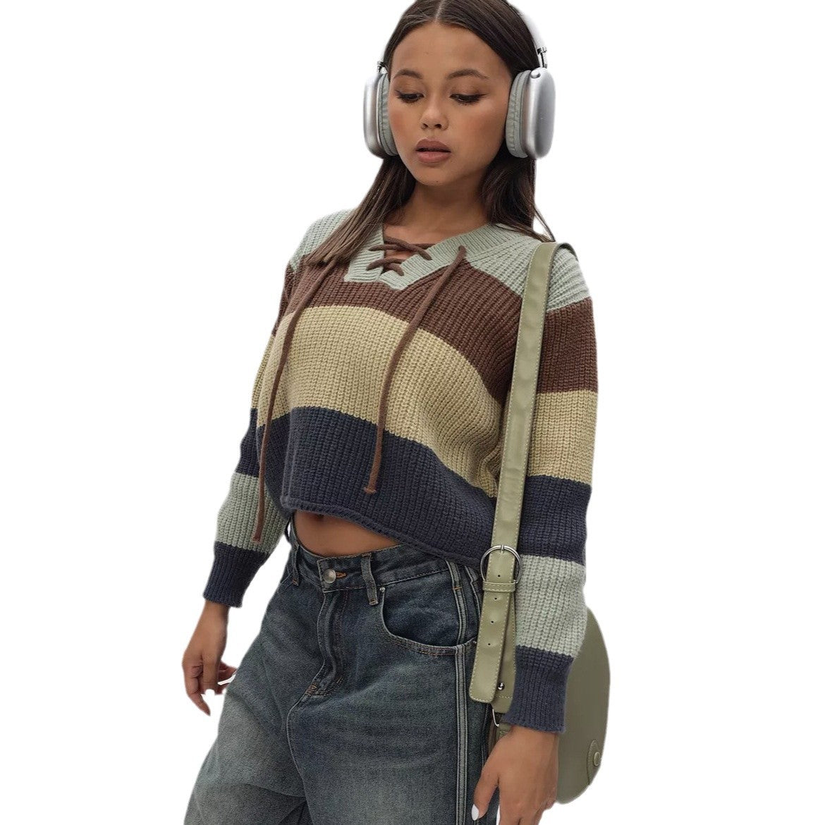 Damen Strickpullover mit lässigem V-Ausschnitt und dekorativem Schnürdetail Stalluxe