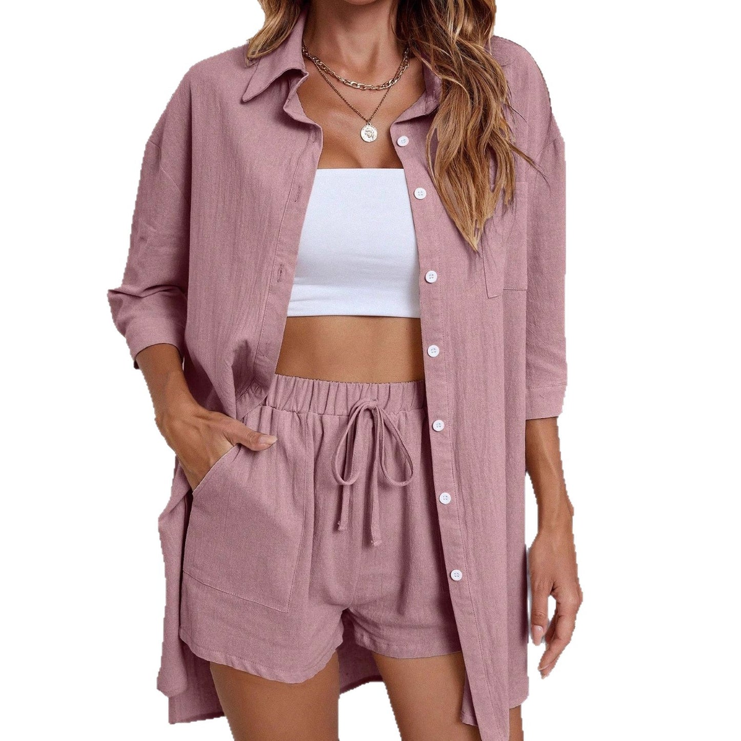 Damen lässiges Set aus coolen Shorts und langer Bluse mit Taschen Stalluxe