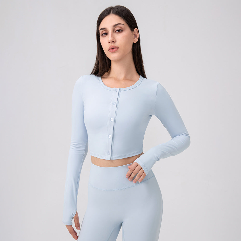 Damen Sport Cropped Langarmshirt mit Knopfleiste und Daumenlöchern Stalluxe