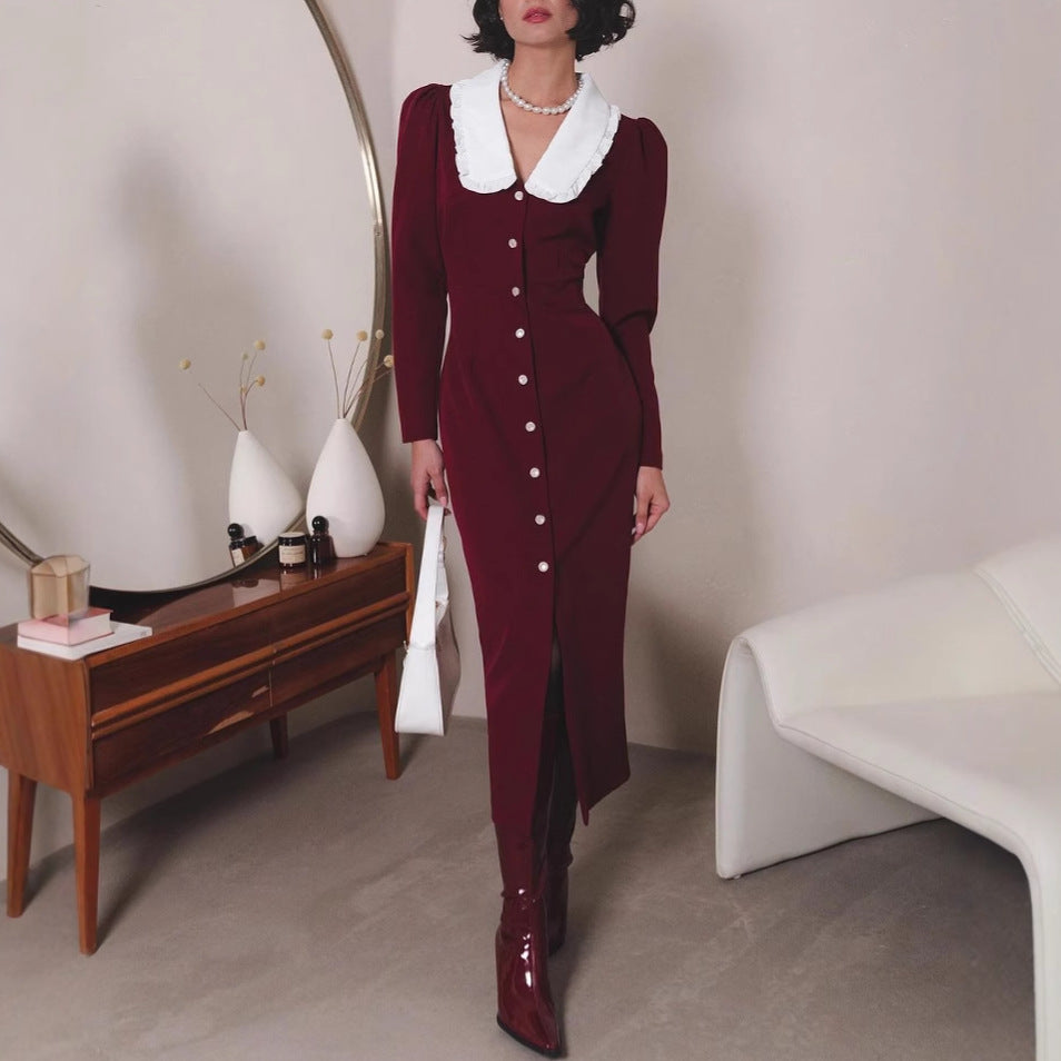 Damen Elegantes Maxikleid mit kontrastierendem Kragen und Knopfdetails Stalluxe