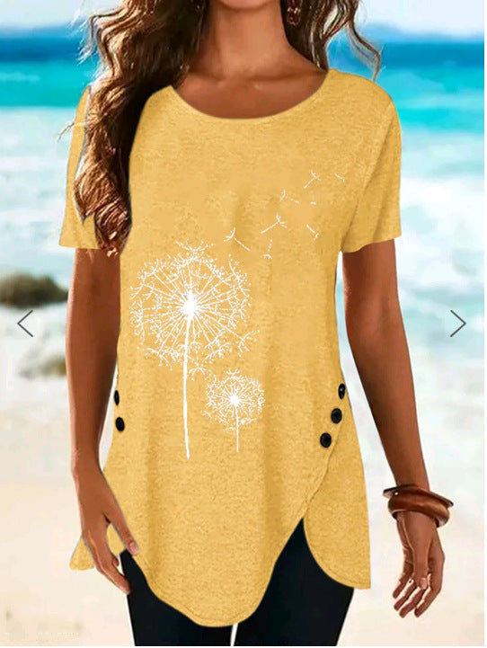 Damen Kurzarmshirt mit asymmetrischem Saum und Dandelion-Print Stalluxe