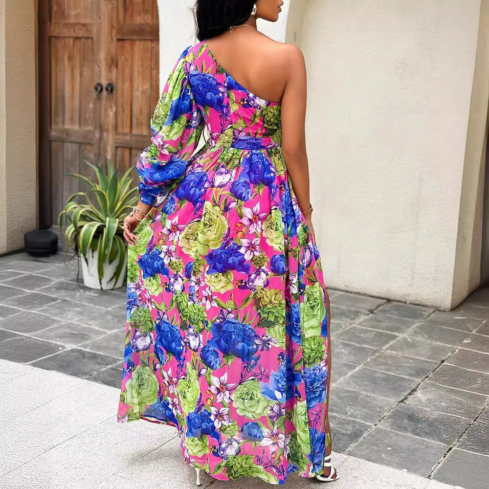 Damen Exquisites One-Shoulder Maxikleid mit floralem Design und Schlitz Stalluxe