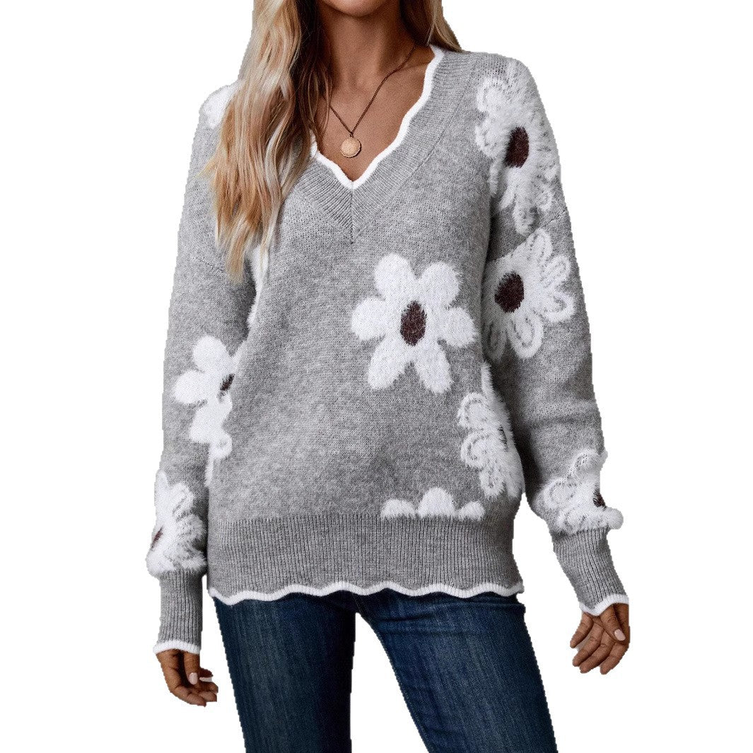 Damen Strickpullover mit floralem Design und V-Ausschnitt Stalluxe