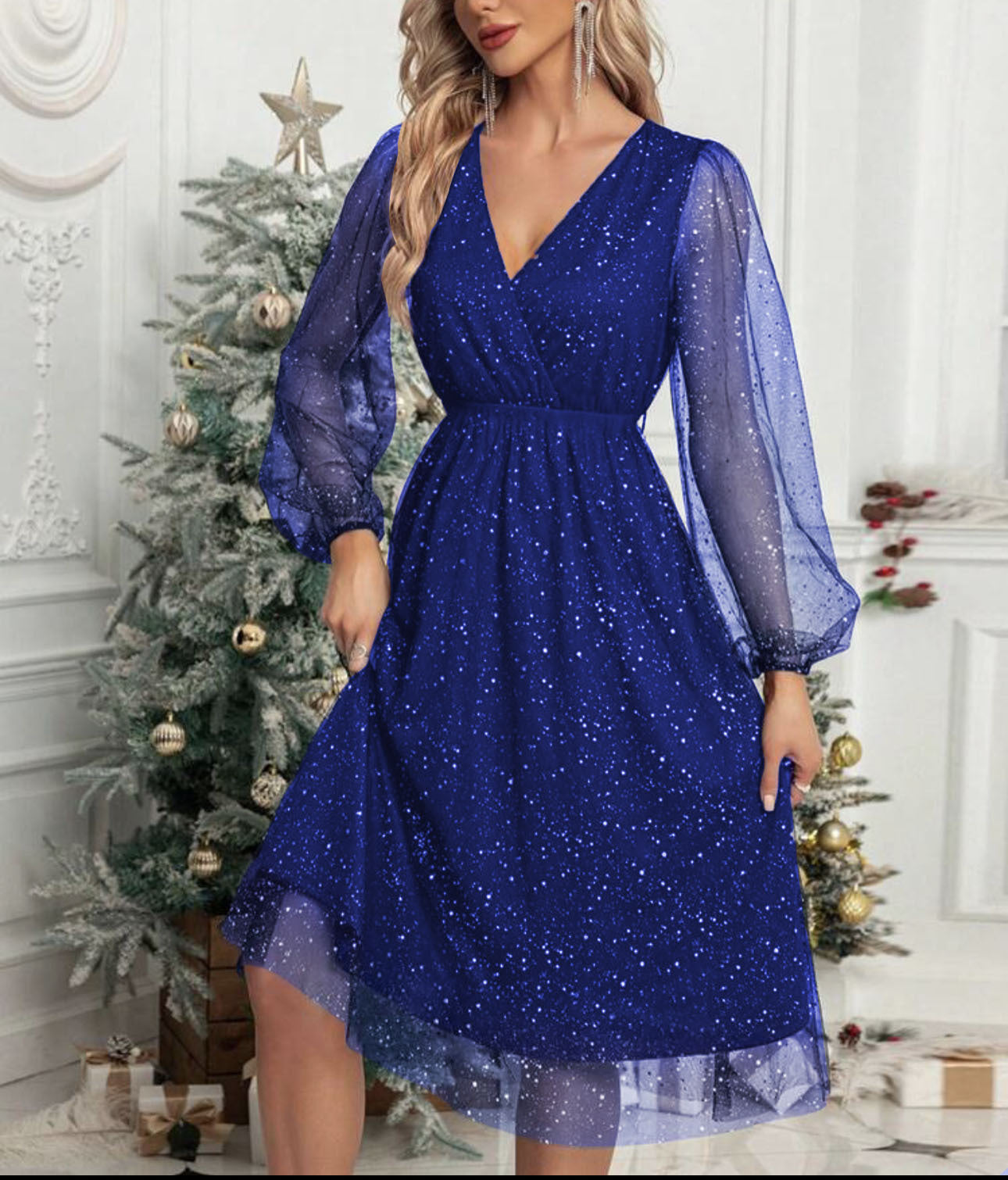 Damen Glänzende V-Ausschnitt Illusionsärmel Kleid Stalluxe