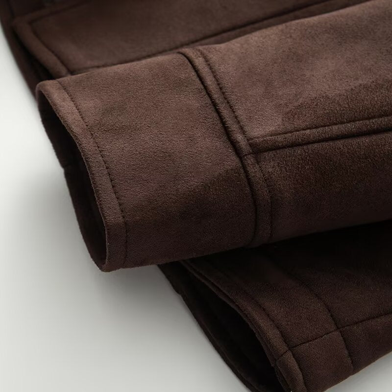 Damen elegante Suede-Jacke mit Taillengürtel und großem Revers Stalluxe